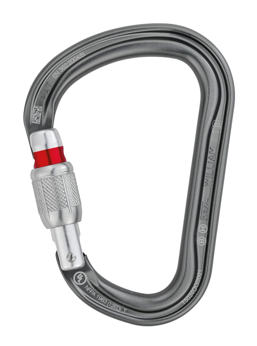 Petzl William screw-lock closeup, showcasing glove-friendly grip and quick locking