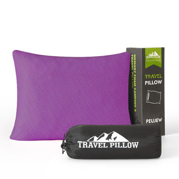PEUJEW travel pillow in compact travel bag for easy packing on trips