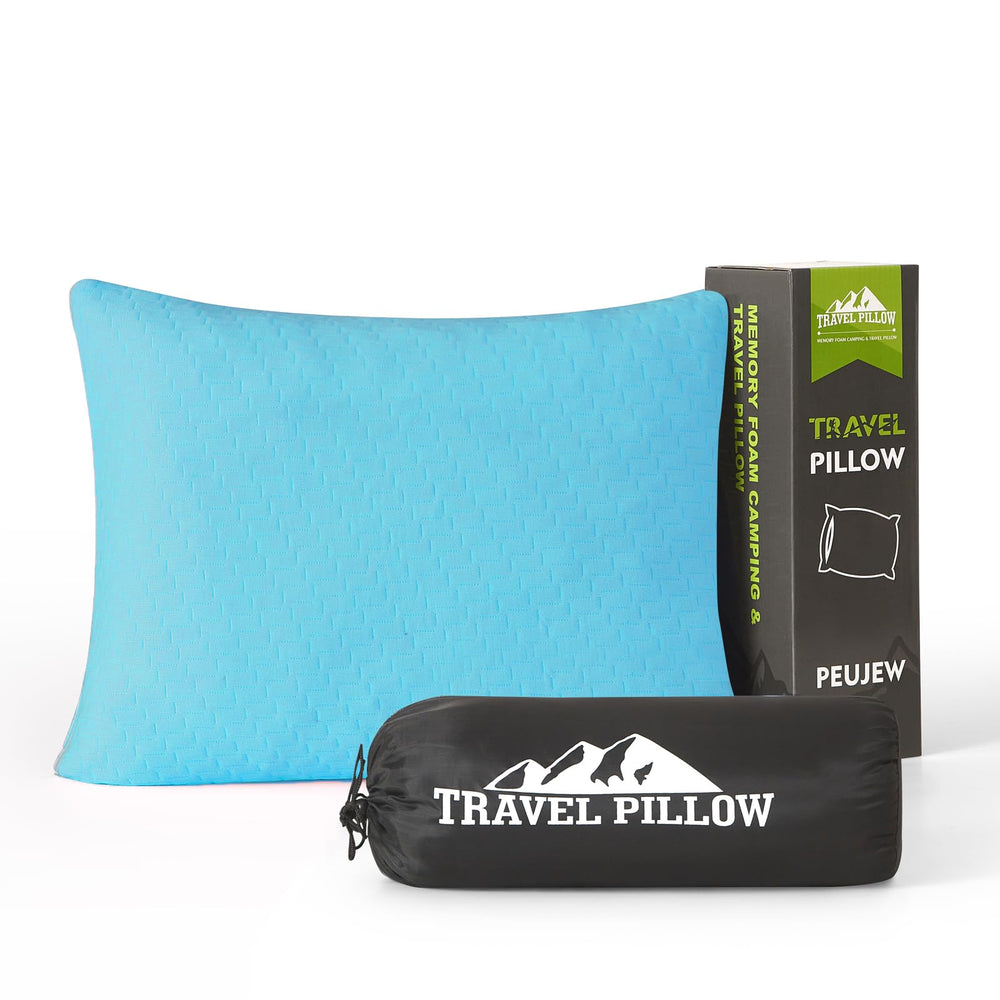 PEUJEW small shredded memory foam pillow sky blue for travel comfort.