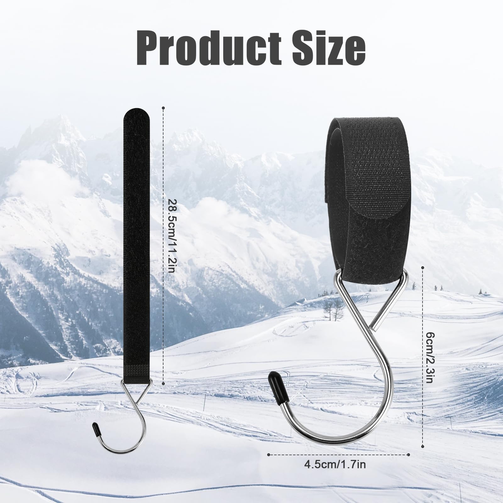 Close-up of stainless steel hook with silicone tip and black strap