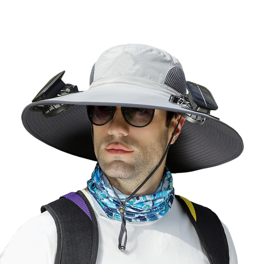 pewjury wide brim solar fan hat front view shows cooling in bright sun.