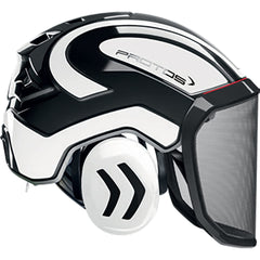 Pfanner Protos Integral Arborist Helmet front view in white and black for high visibility.