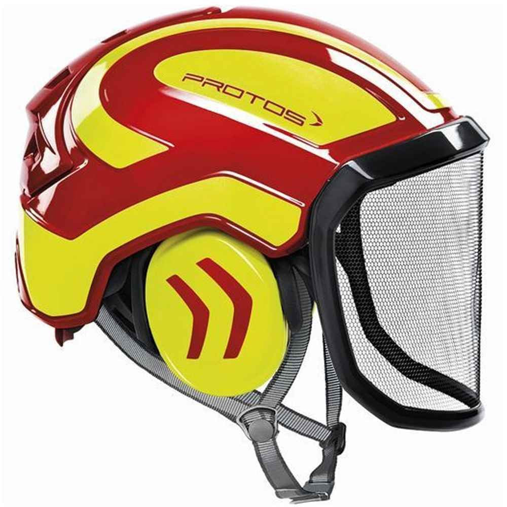 Pfanner Protos Integral Arborist Helmet in red and yellow offering side and rear protection.
