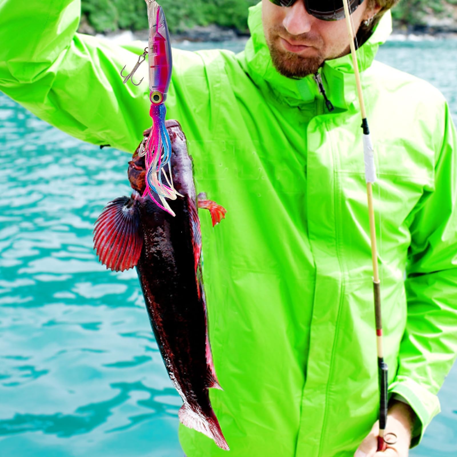 Close-up of treble hooks on Pfeibk squid lures