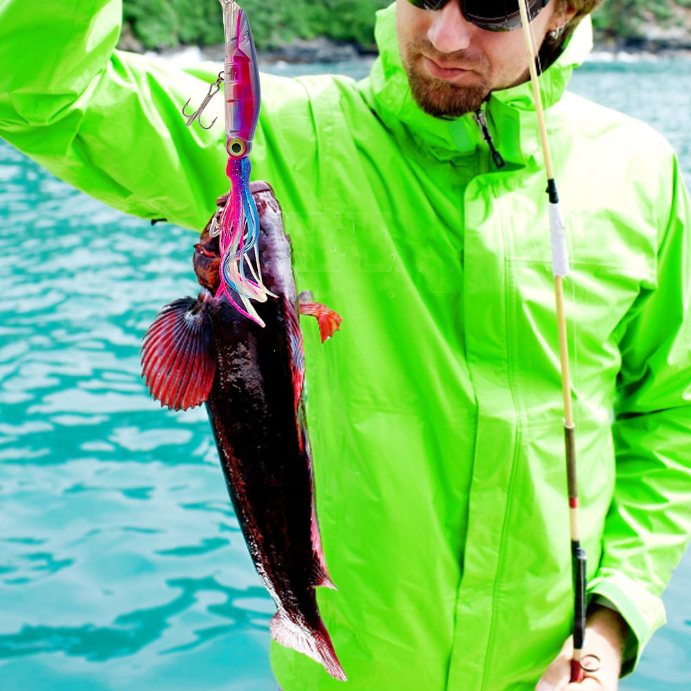 Close-up of treble hooks on Pfeibk squid lures