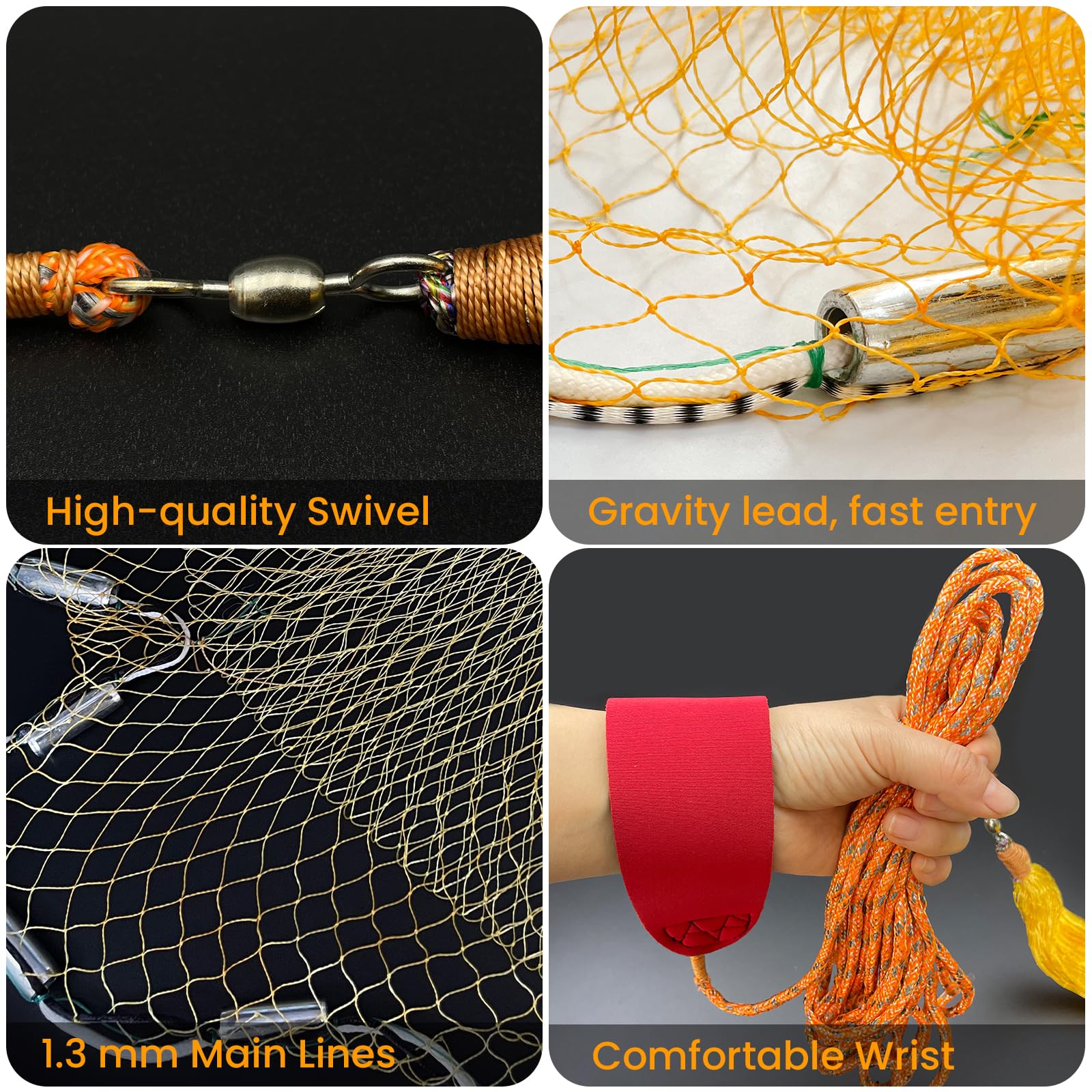 Pfeibk cast net in hand showing handthrow action.