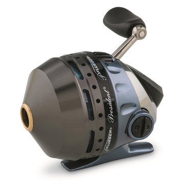 Pflueger President spincast reel blue side view highlighting aluminum frame for durability
