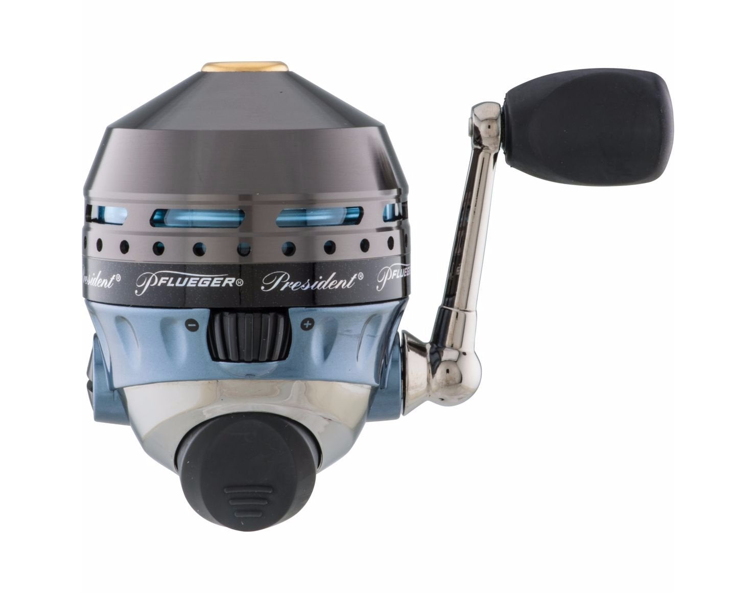 Left-handed handle position on Pflueger President Spincast Reel