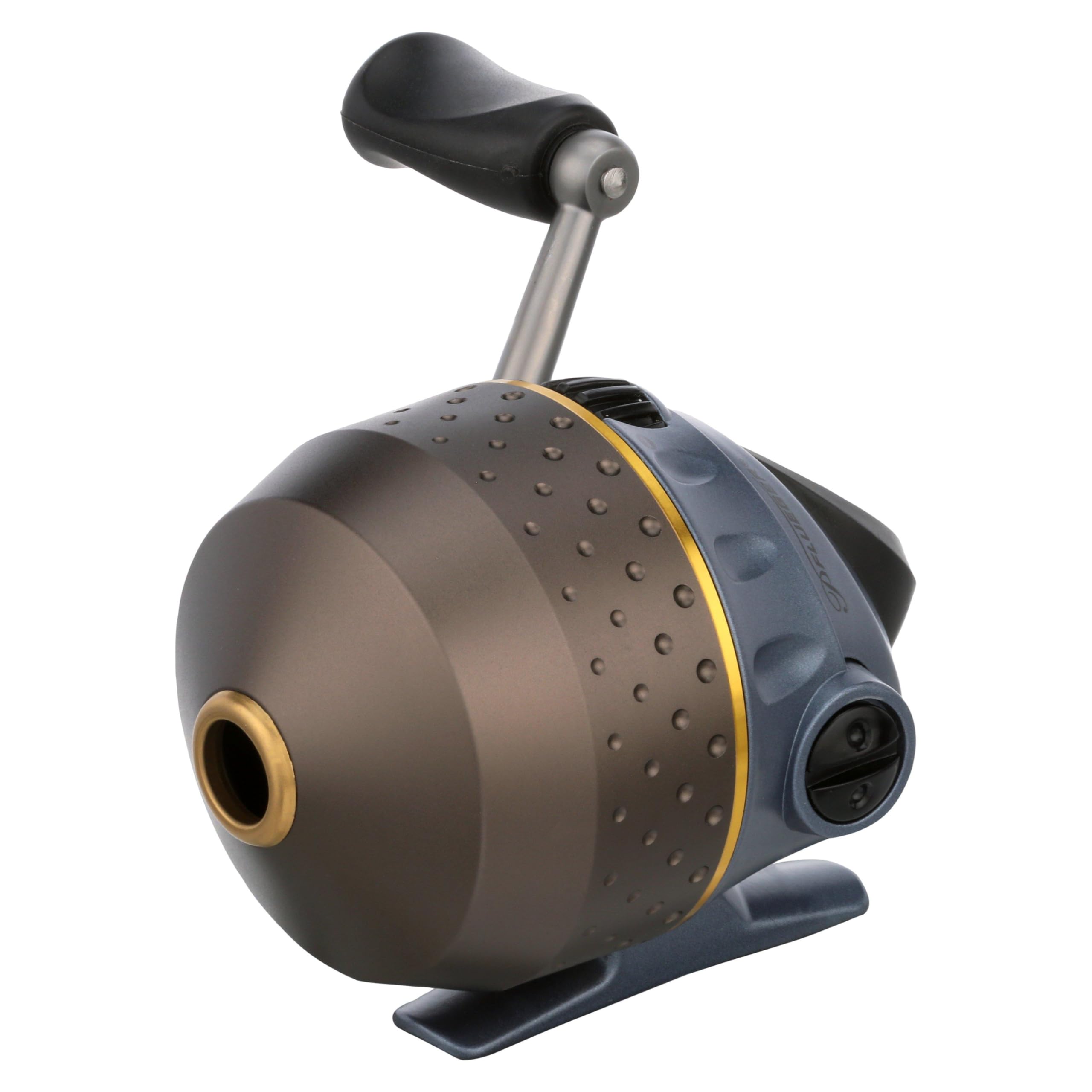 Pflueger President spincast reel front view with aluminum frame for durability.