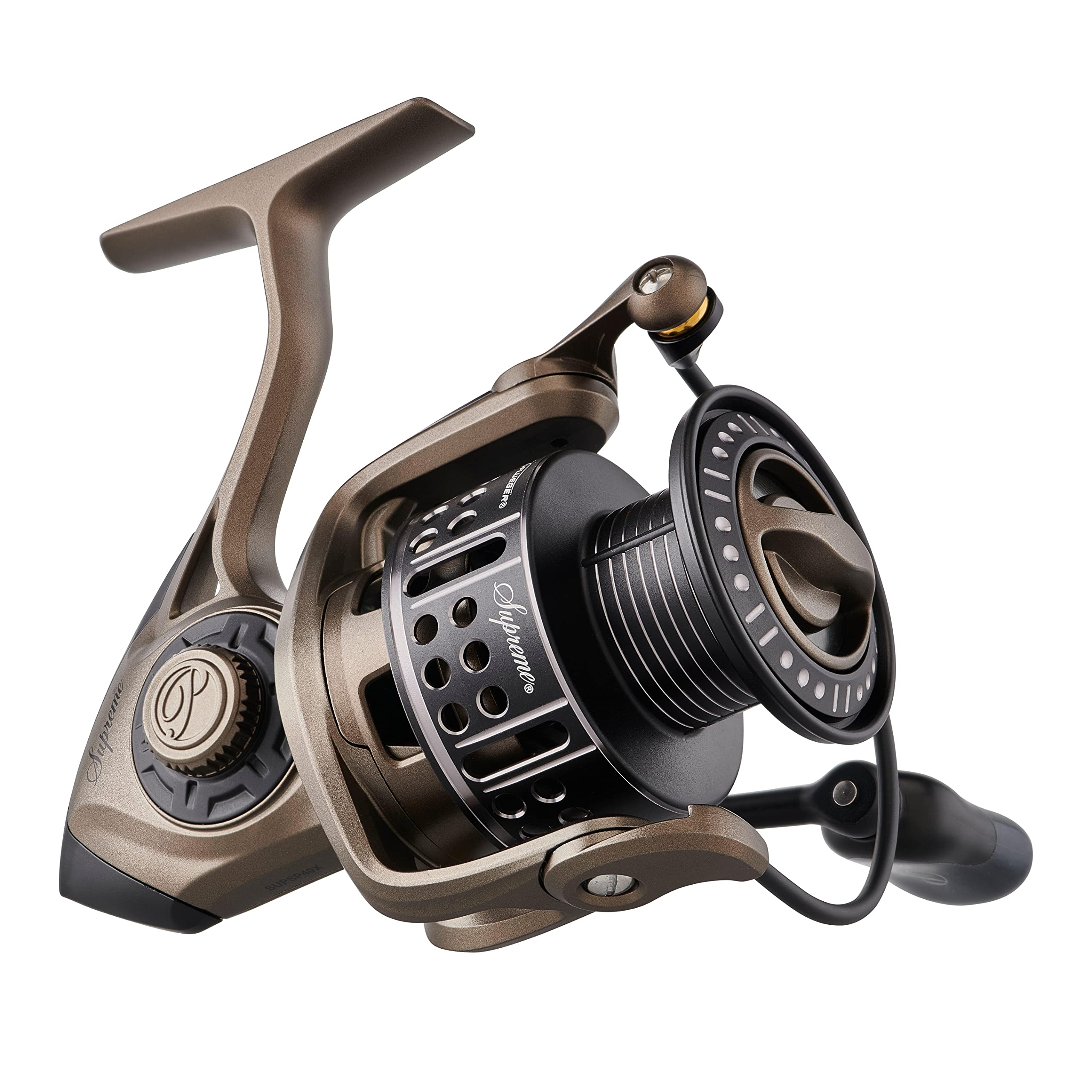 Pflueger Supreme 40 front view shows magnesium frame for lightweight handling.
