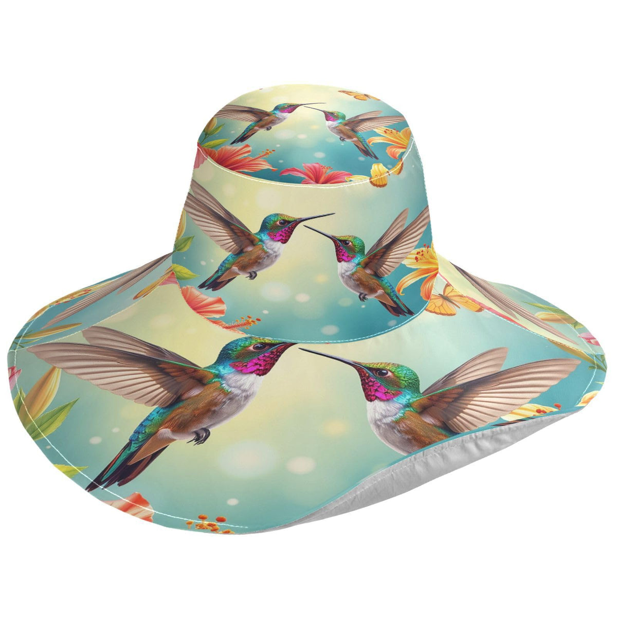 Pfrewn women's gardening hat with birds, hummingbirds, hibiscus and lilies for shaded outdoor gardening.