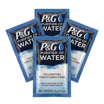 P&G Purifier of Water packets packaging closeup for quick outdoor treatment