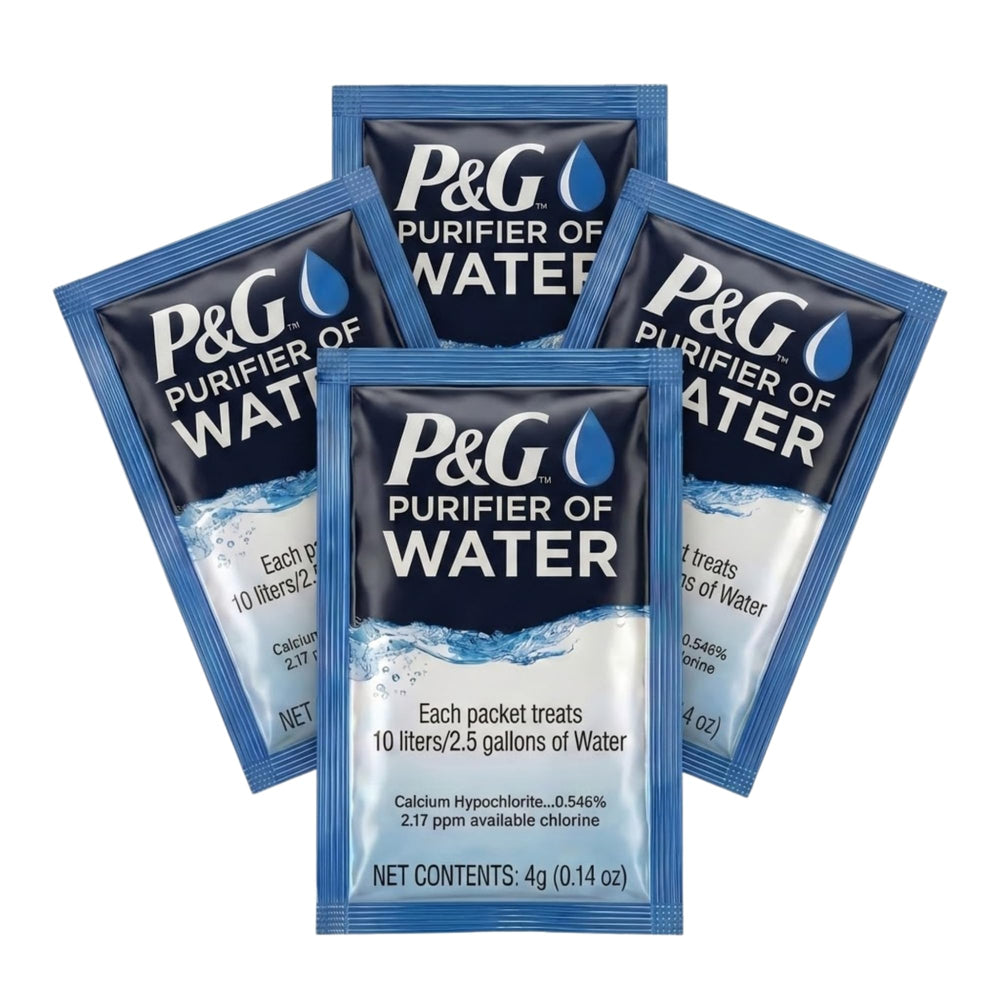 P&G Purifier of Water packets packaging closeup for quick outdoor treatment