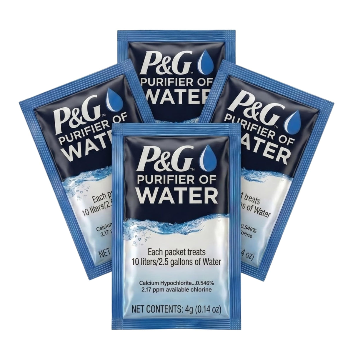 P&G Purifier of Water packets packaging closeup for quick outdoor treatment