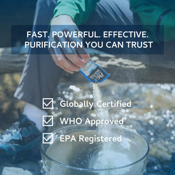 Powder dissolving visibly to purify water with P&G Purifier of Water packets