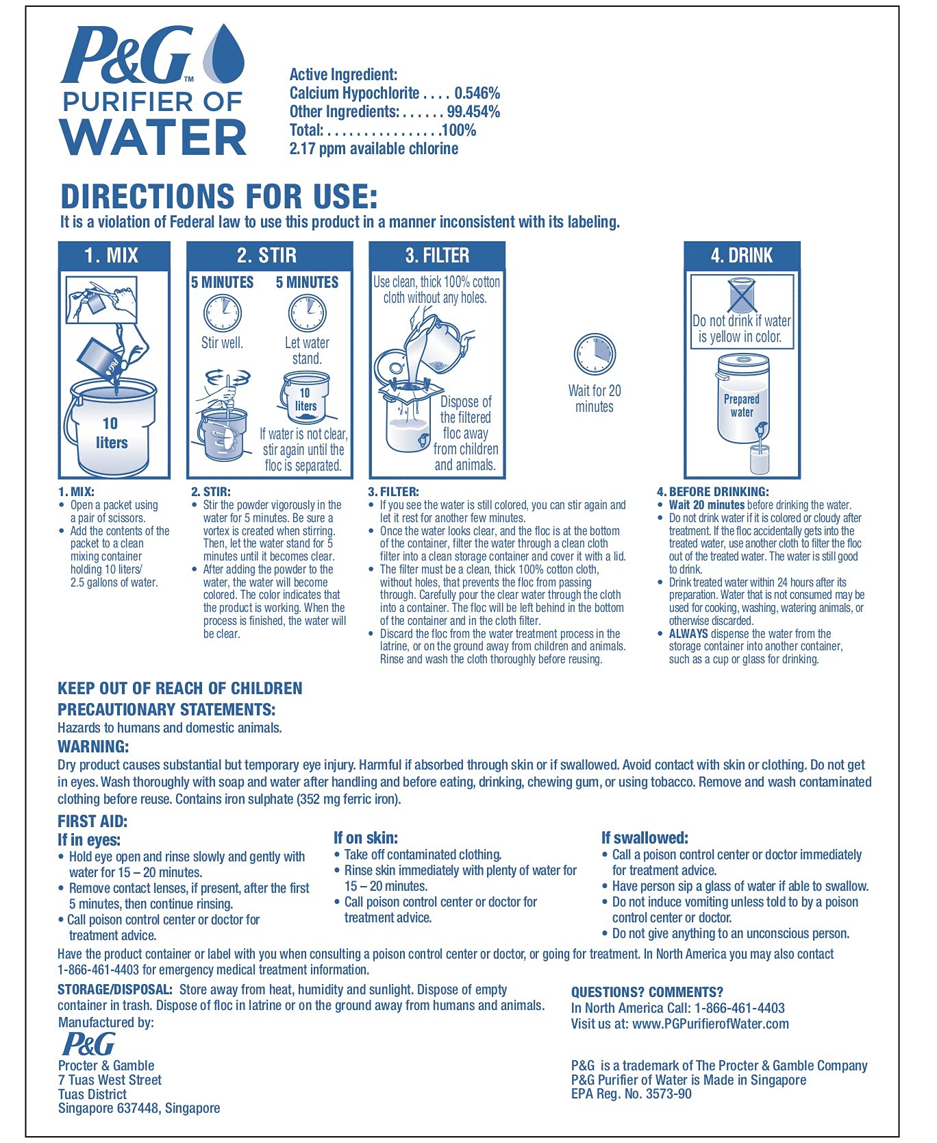 P&G Purifier of Water packet demonstrates turbid water clarification use