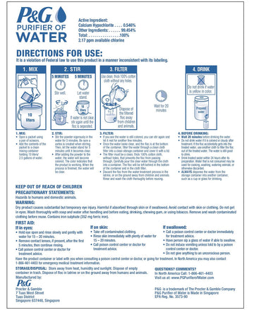 P&G Purifier of Water packet demonstrates turbid water clarification use