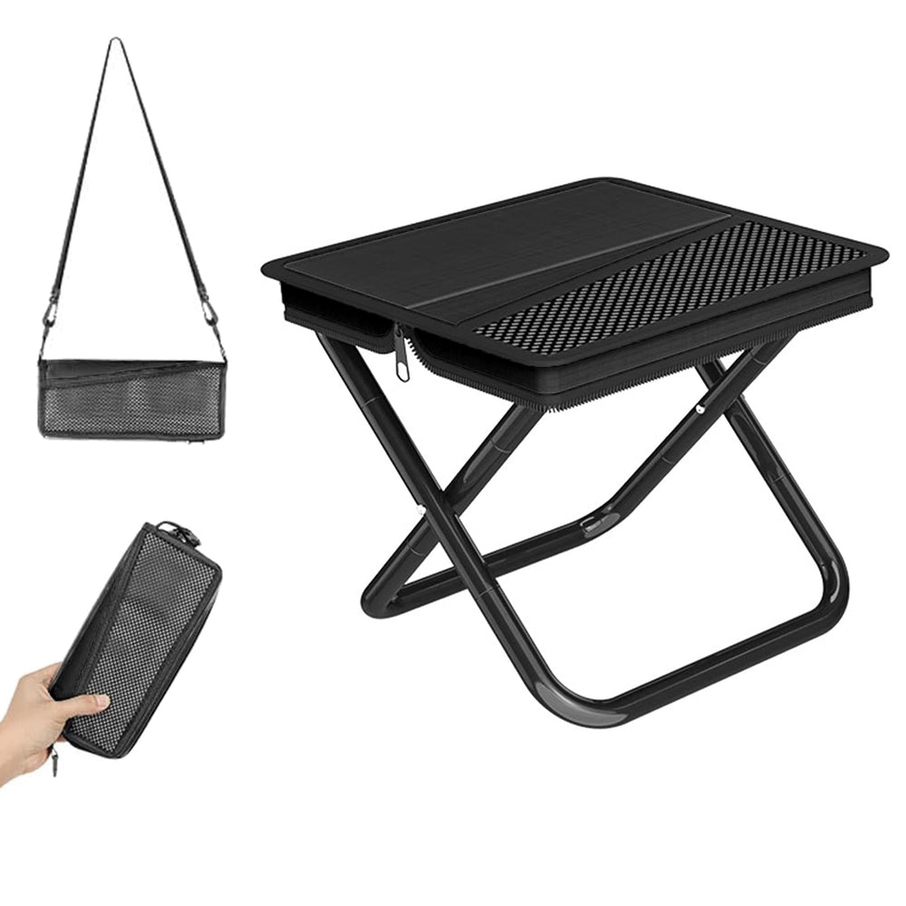 Phamouu camping stool folded for easy transport during hikes.