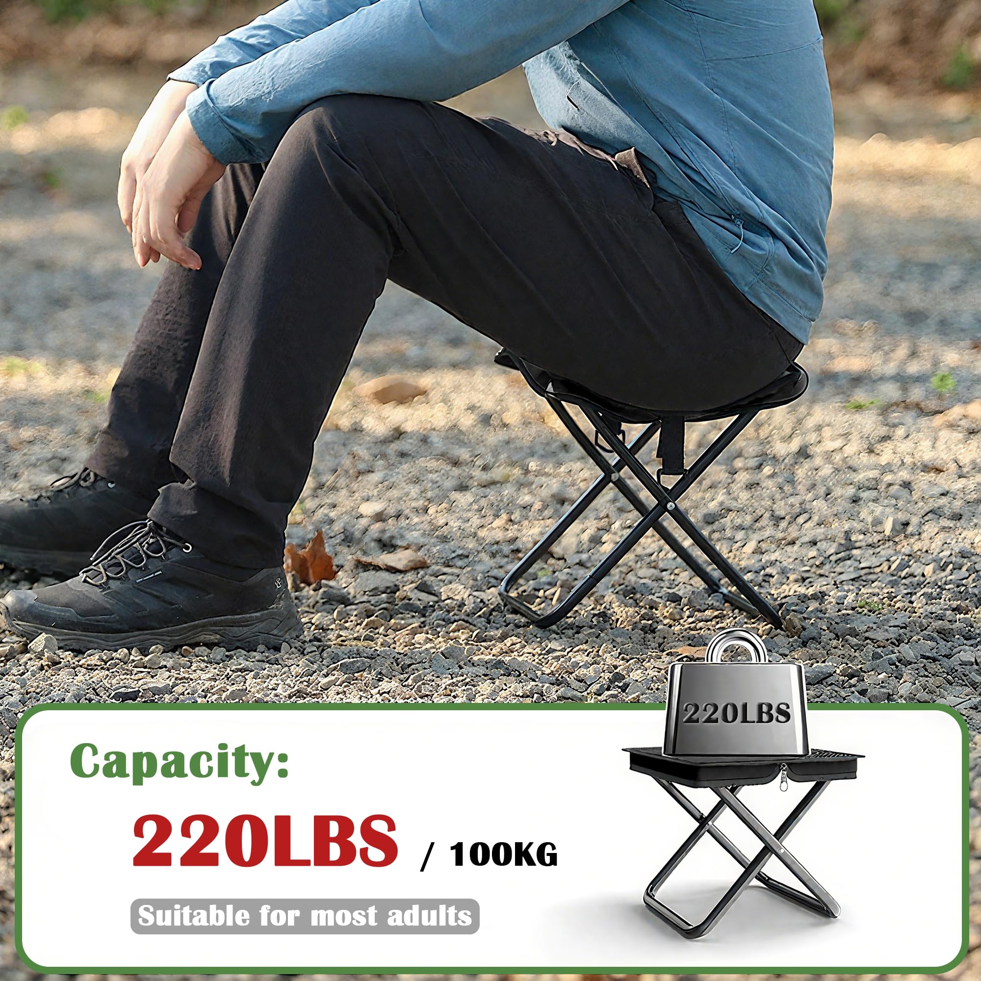 Phamouu stool with adjustable shoulder strap for hands-free carrying.