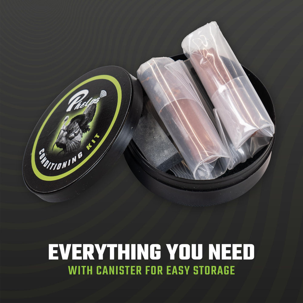 Phelps Game Calls kit storage canister keeps all conditioning tools neatly together.