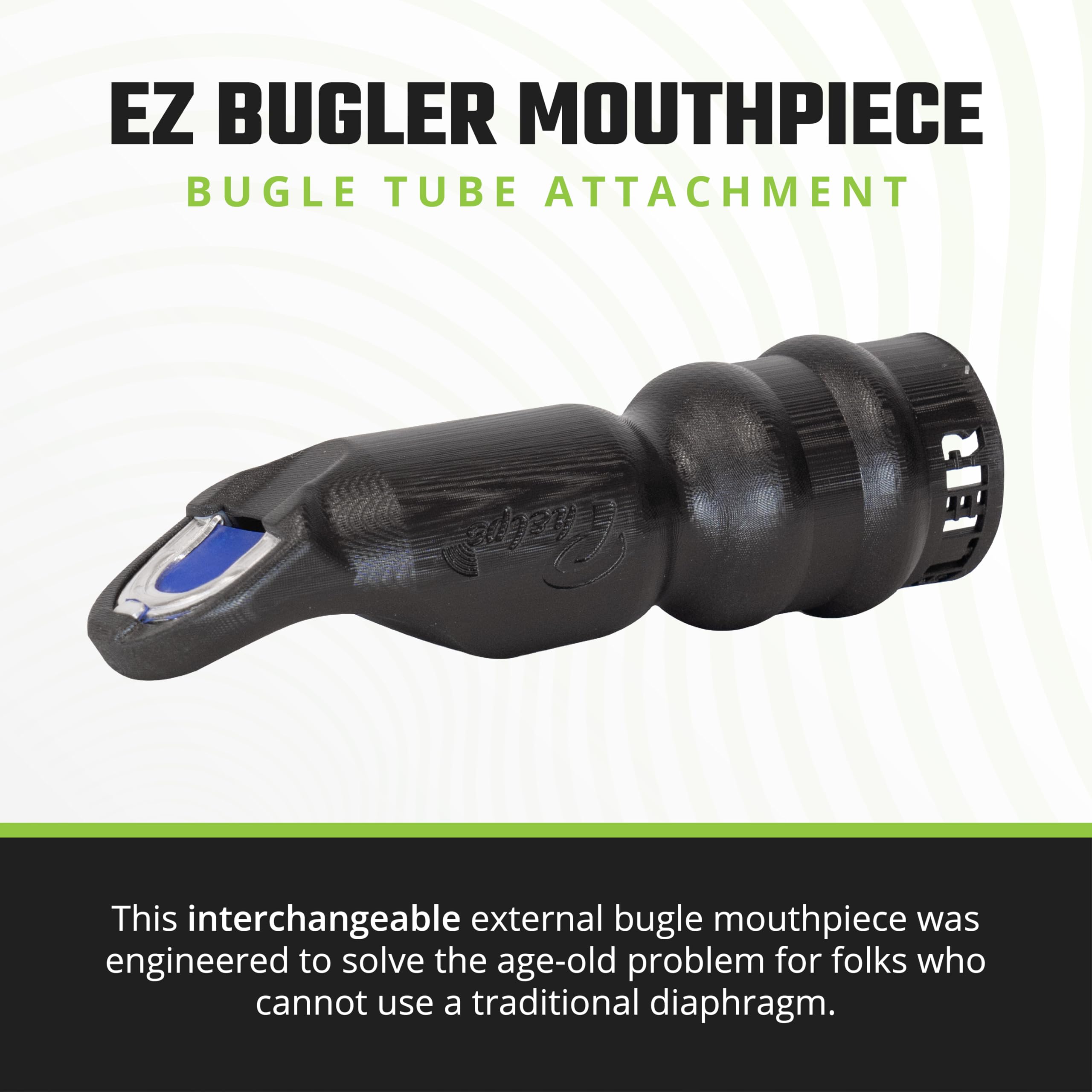 Phelps EZ Bugler mouthpiece angled view demonstrates compatibility with metal Bugle Tube