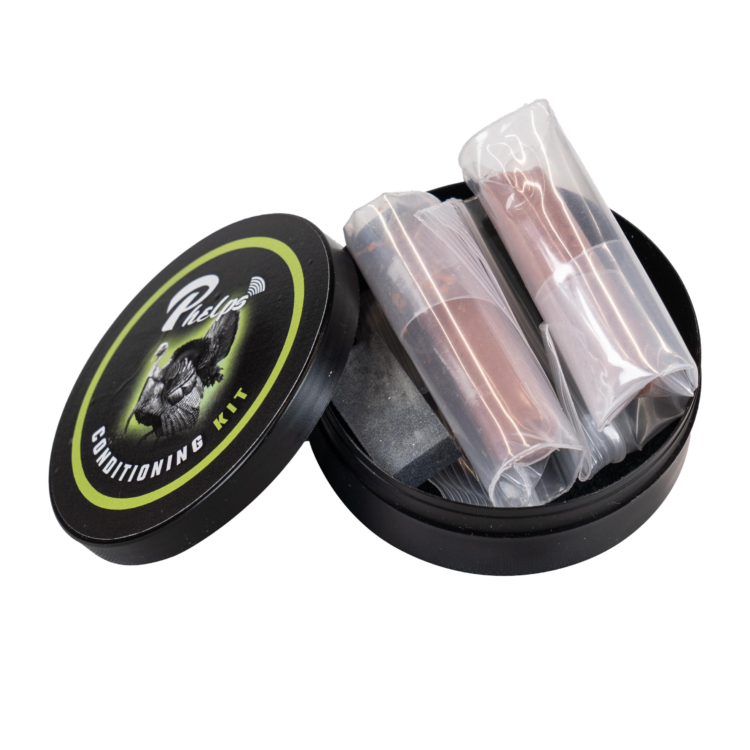 Phelps Game Calls turkey call conditioning kit canister keeps tools organized for quick prep.