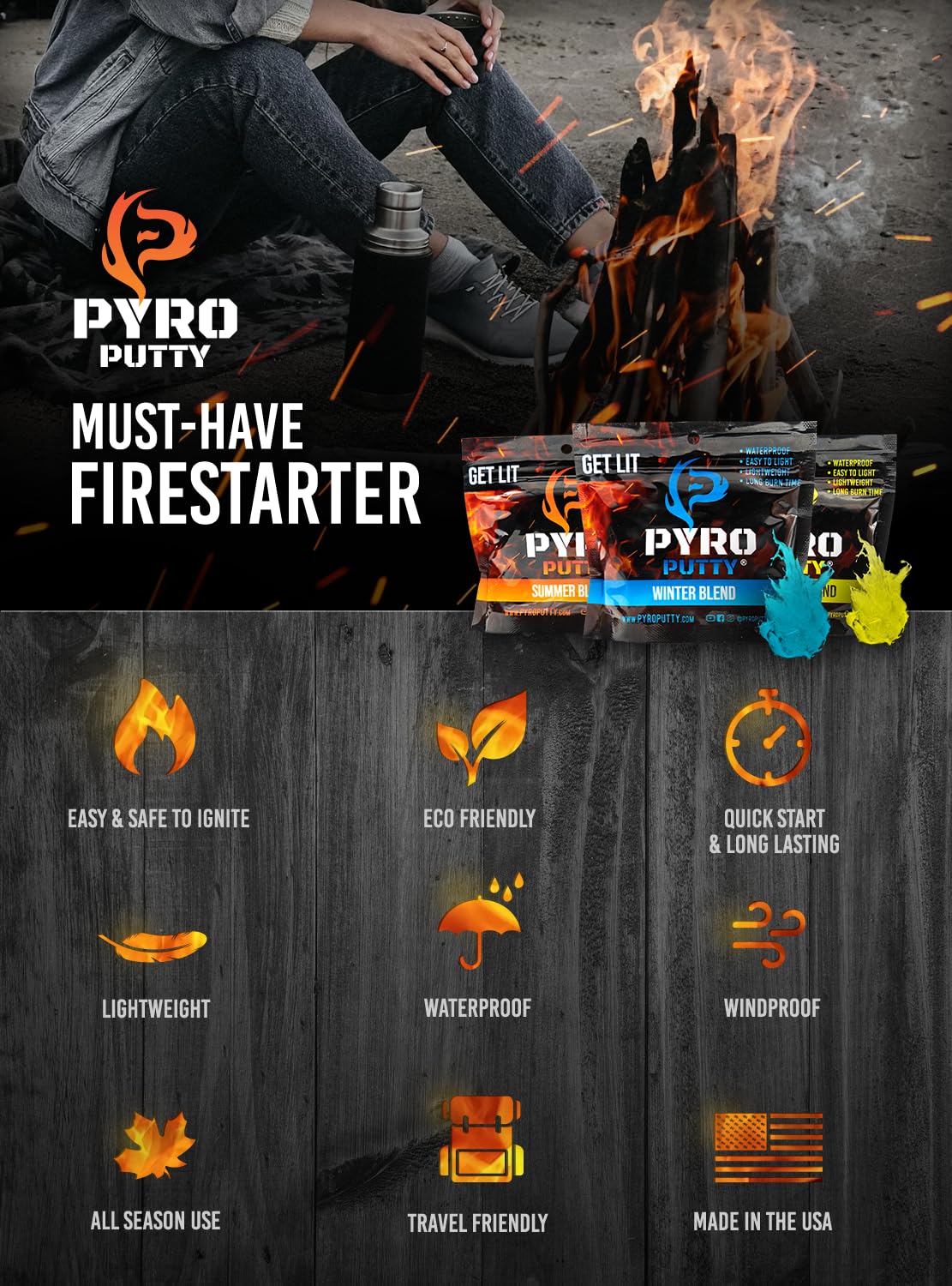 Phone Skope Pyro Putty burns up to 15 minutes for campfire setup.