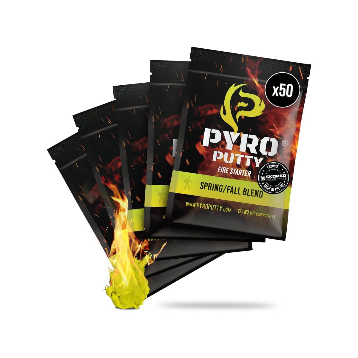 Phone Skope Pyro Putty in a foil packet for reliable camping fire starting.