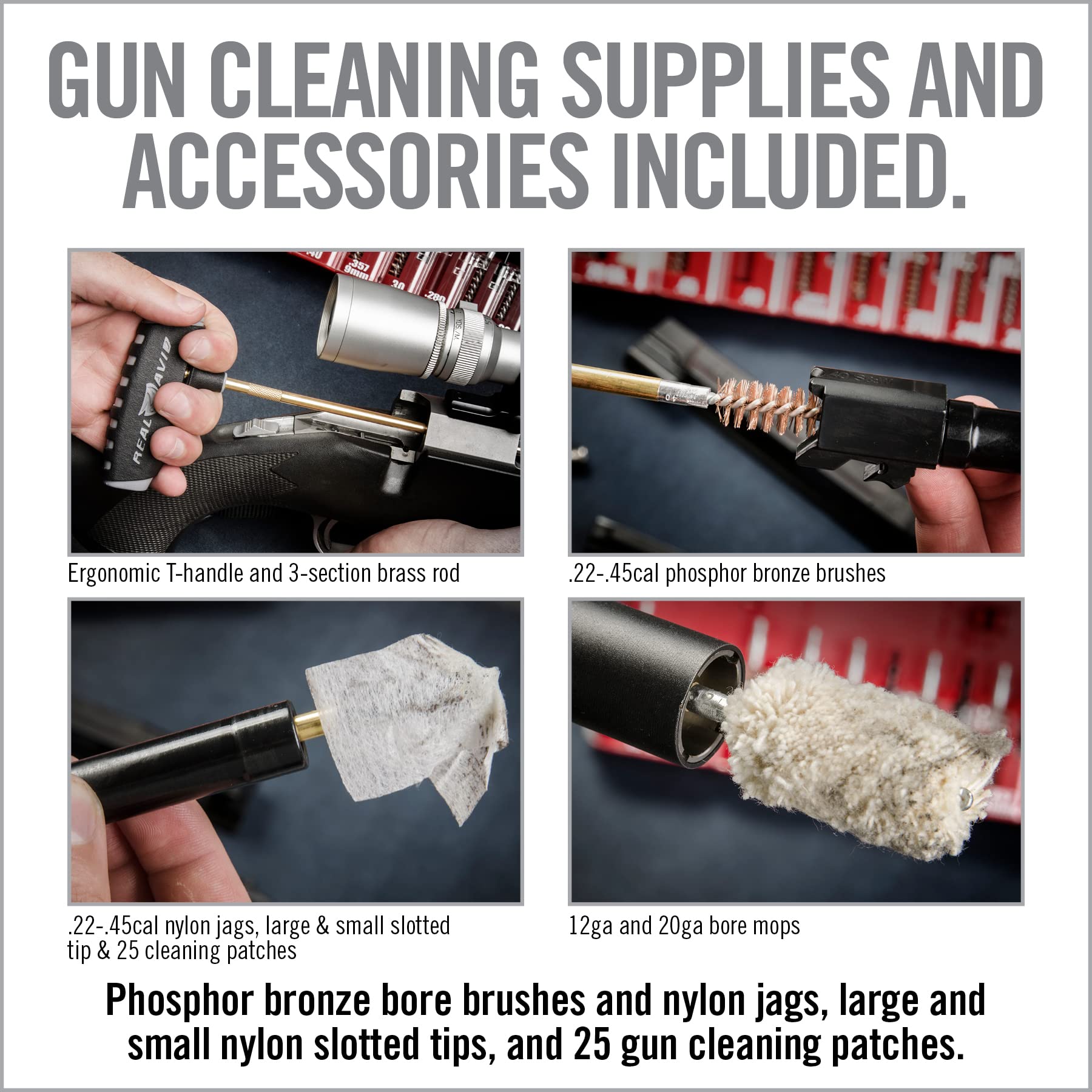 Includes patches, brushes, and shotgun mops included