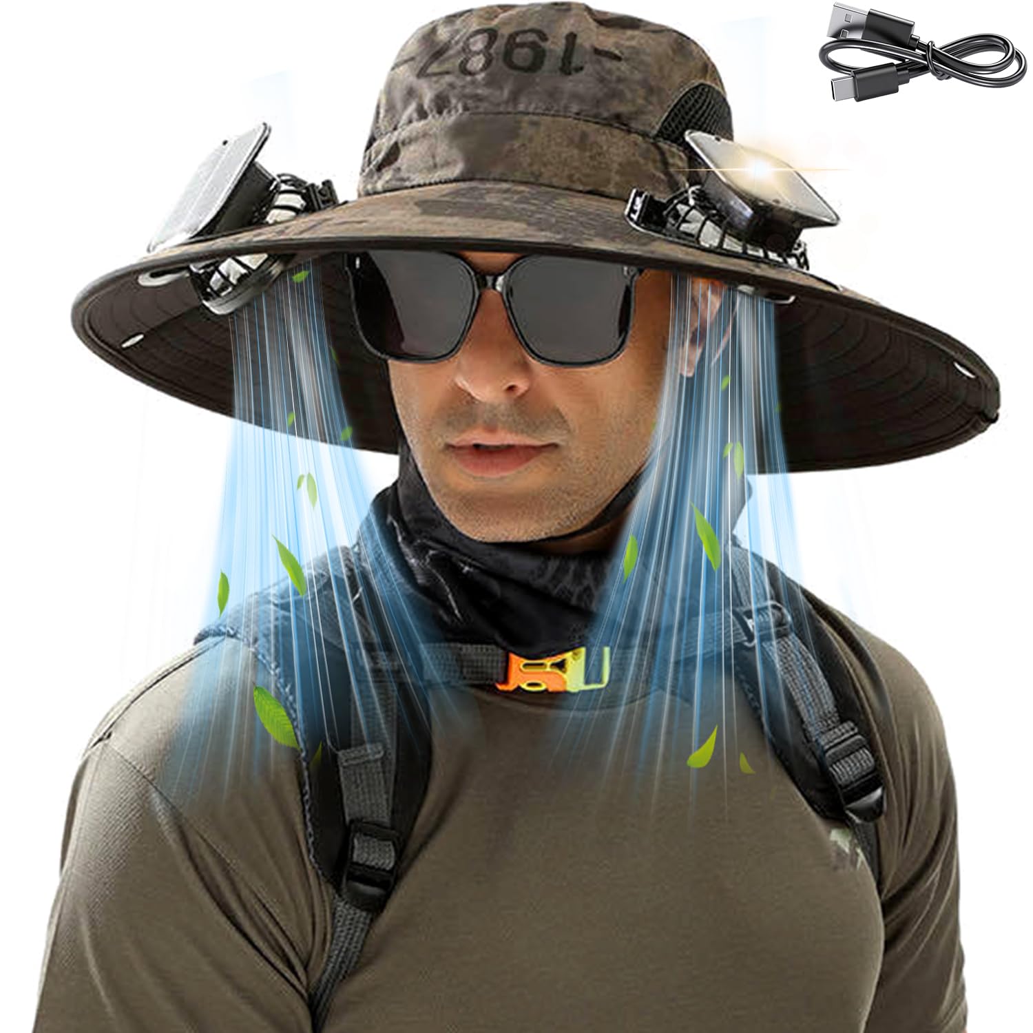 Front view of PickPeak Solar Fan Hat in camo khaki with wide brim