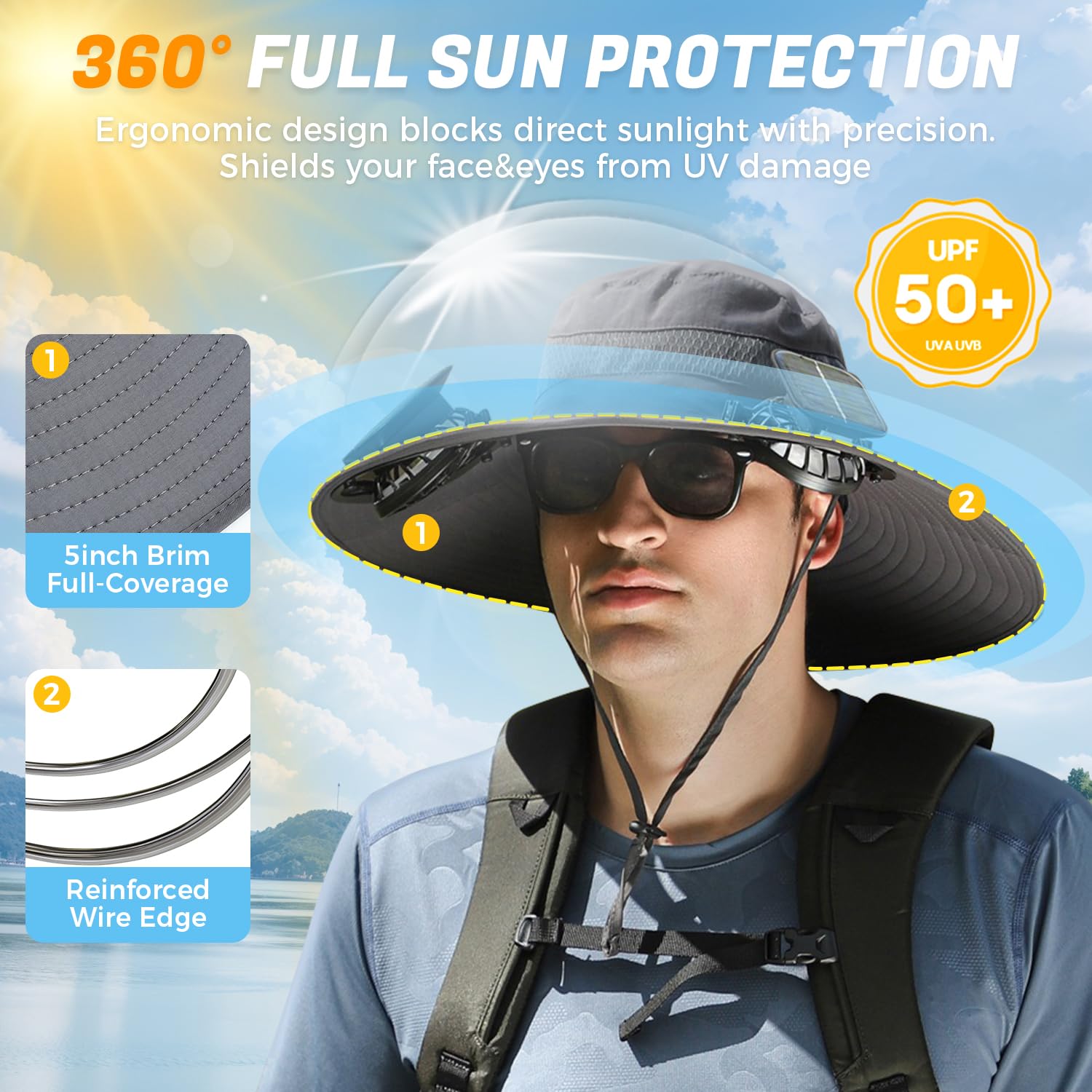 Hat showing two built-in solar fans for cooling