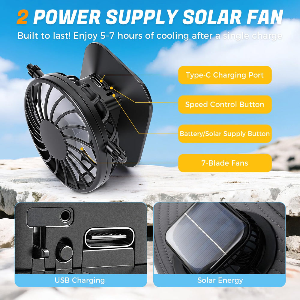 Adjustable drawstring and chin strap on solar fan hat
