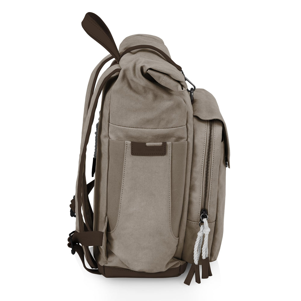 Picnic Time Carmel Roll Top Backpack Cooler front slip pocket stores keys and small essentials