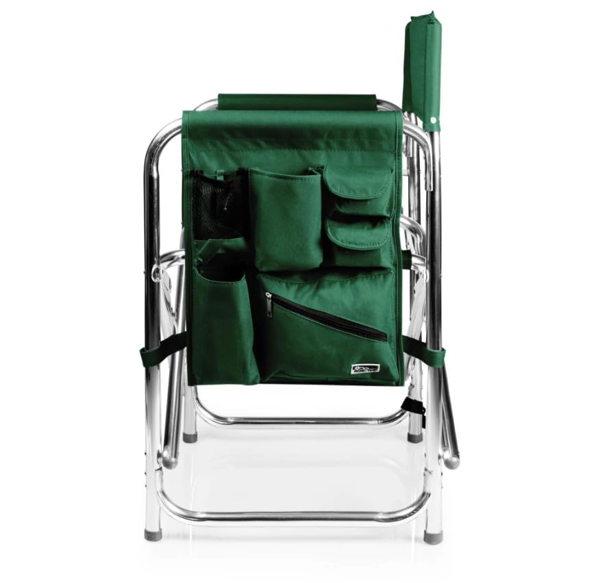 Sports chair with storage pockets and insulated beverage pouch in use