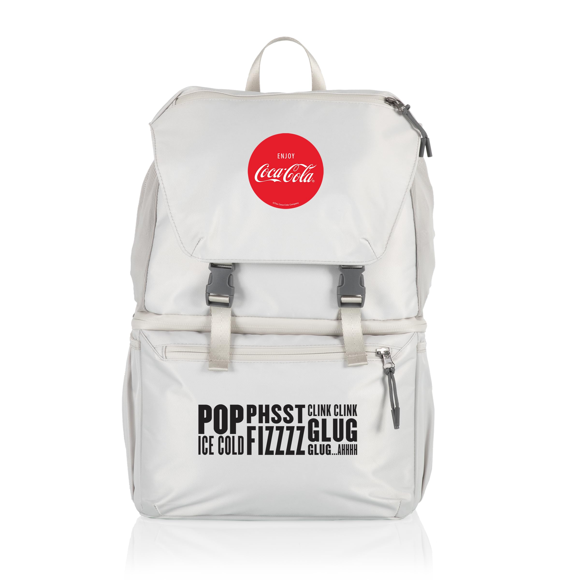 PICNIC TIME Coca-Cola Tarana Backpack Cooler front view highlighting insulated cooler for on-the-go refreshments.