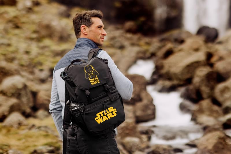 Picnic Time Darth Vader Tarana backpack cooler side view, reveals expandable mesh storage.