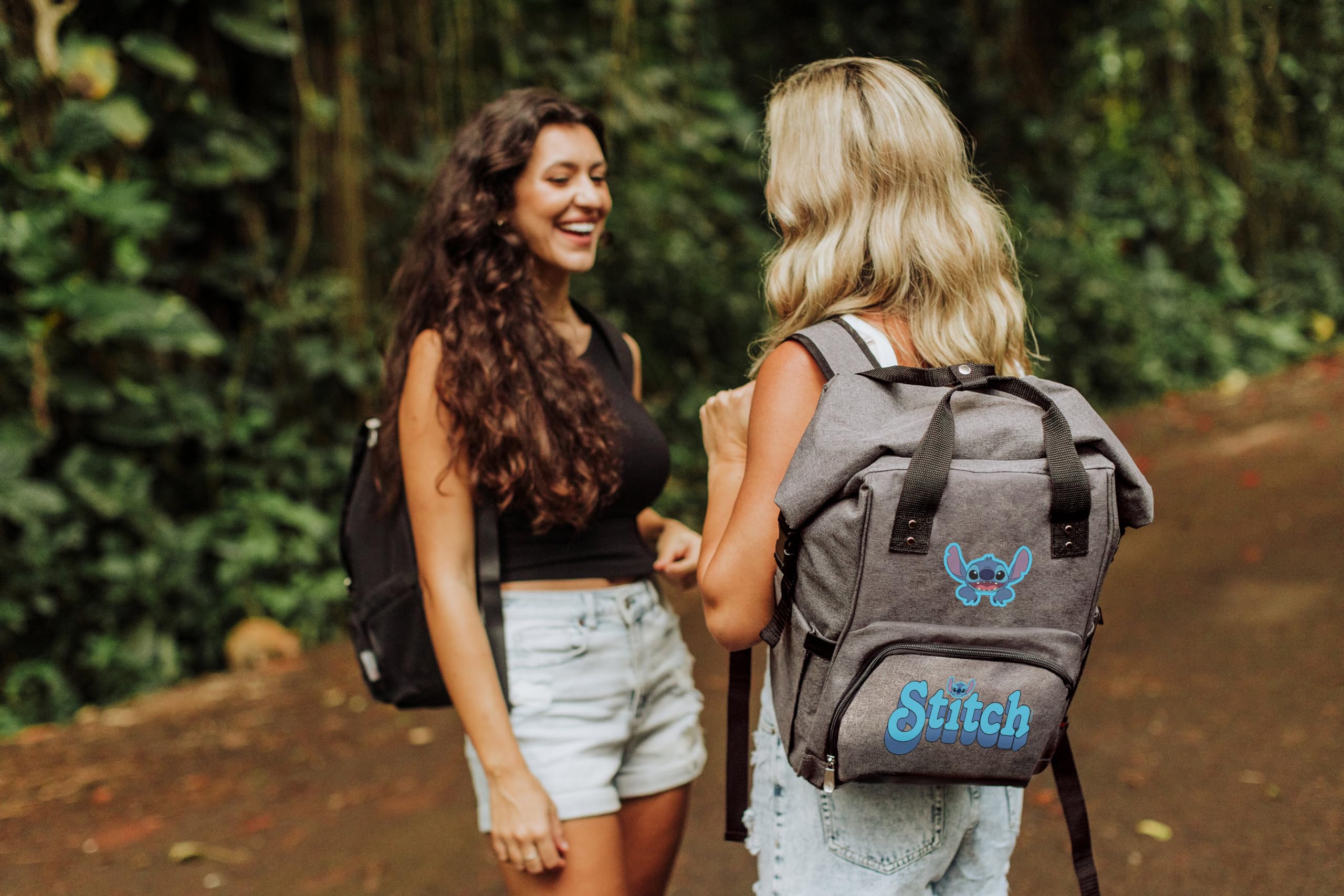 Lilo Stitch roll-top cooler backpack features bottle opener for easy drink access.