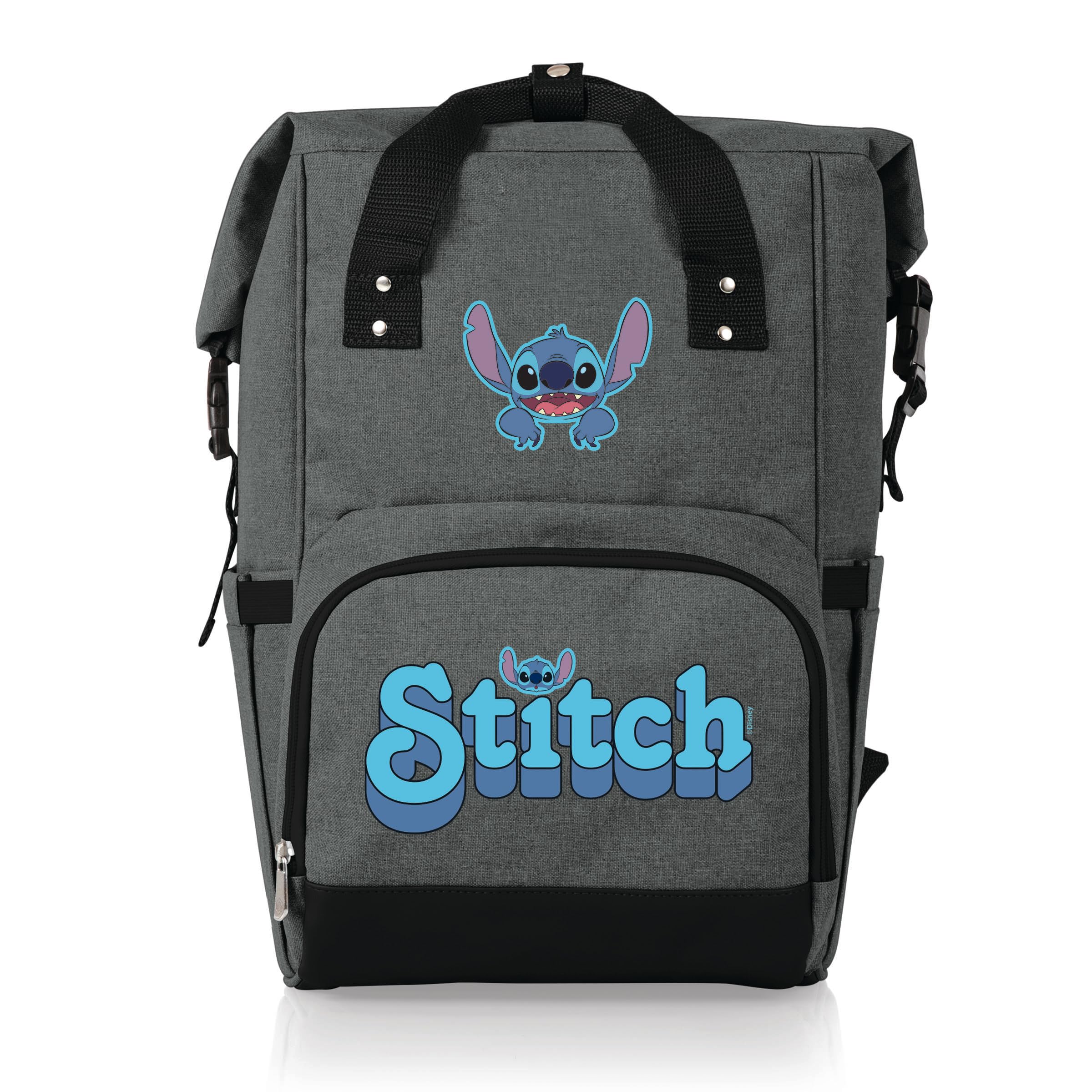 PICNIC TIME Disney Lilo and Stitch roll-top cooler backpack with front pocket keeps snacks organized on trips.