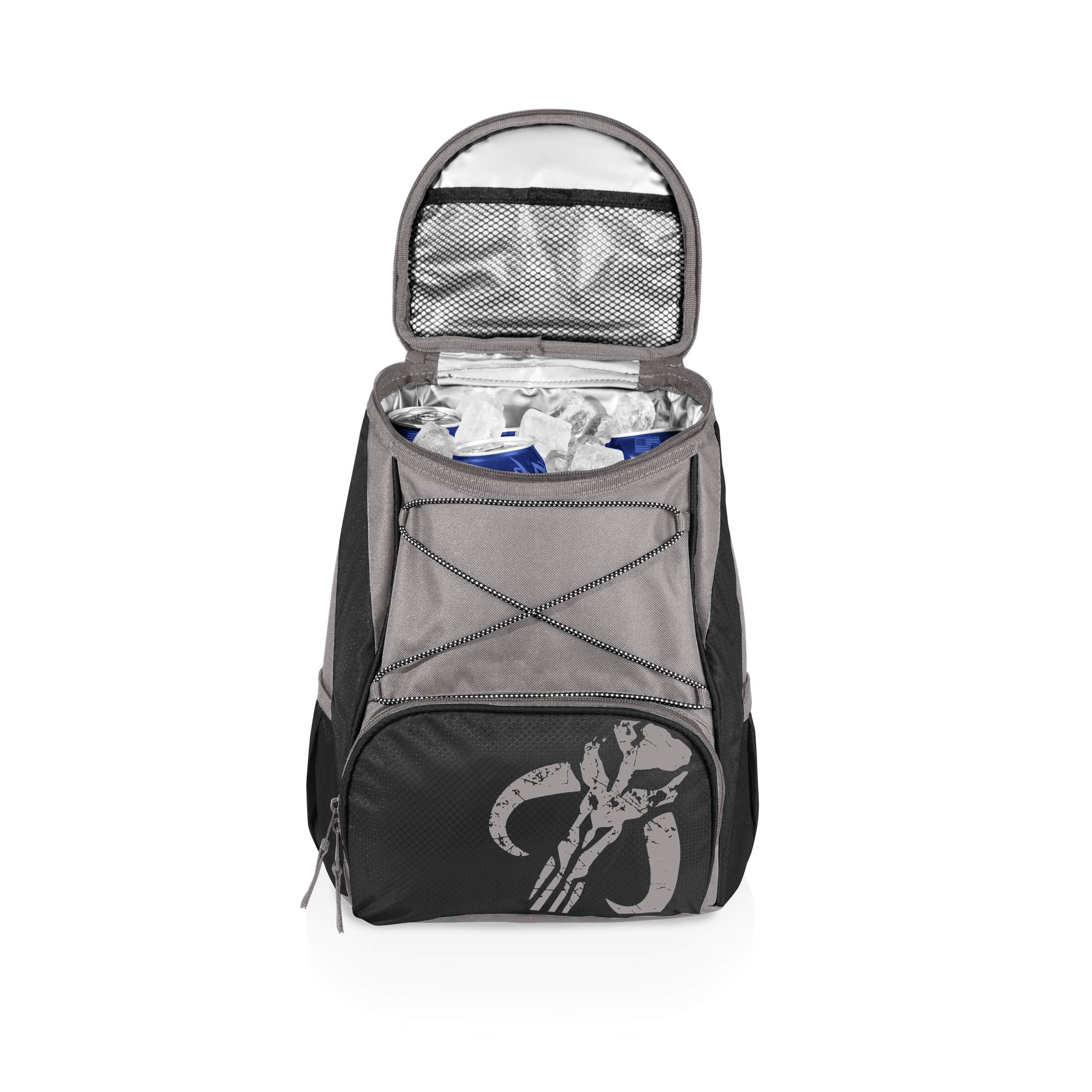 Picnic Time Mythosaur Skull PTX Backpack Cooler side view highlights padded straps