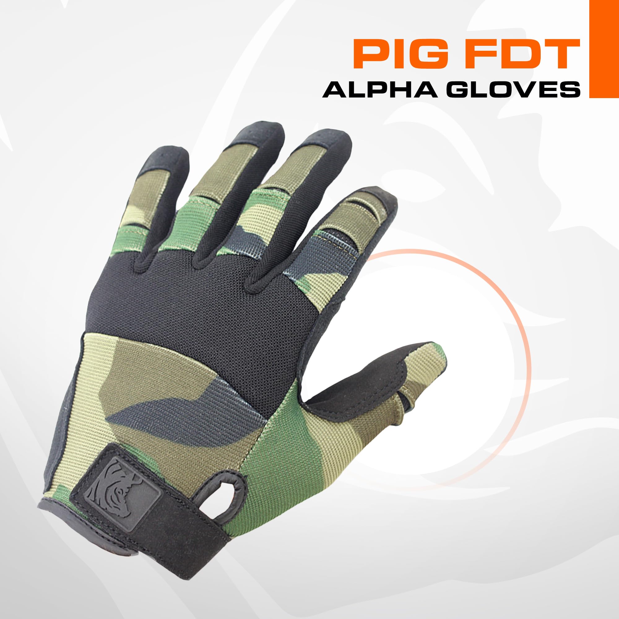PIG Alpha gloves show touchscreen compatibility on index finger and thumb for devices.