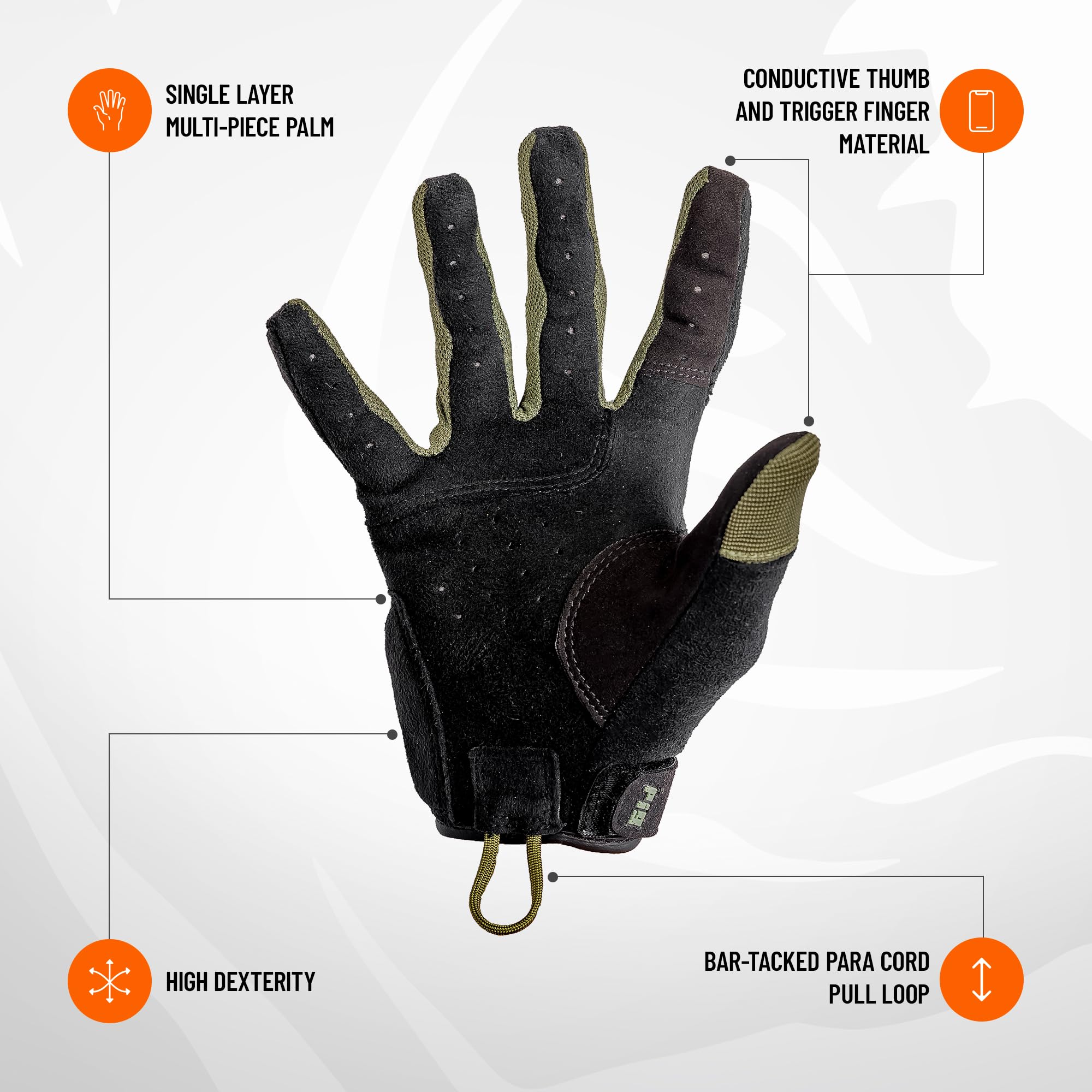 PIG Alpha gloves trigger finger sensitivity close-up shows thin Clarino material enabling precise trigger control