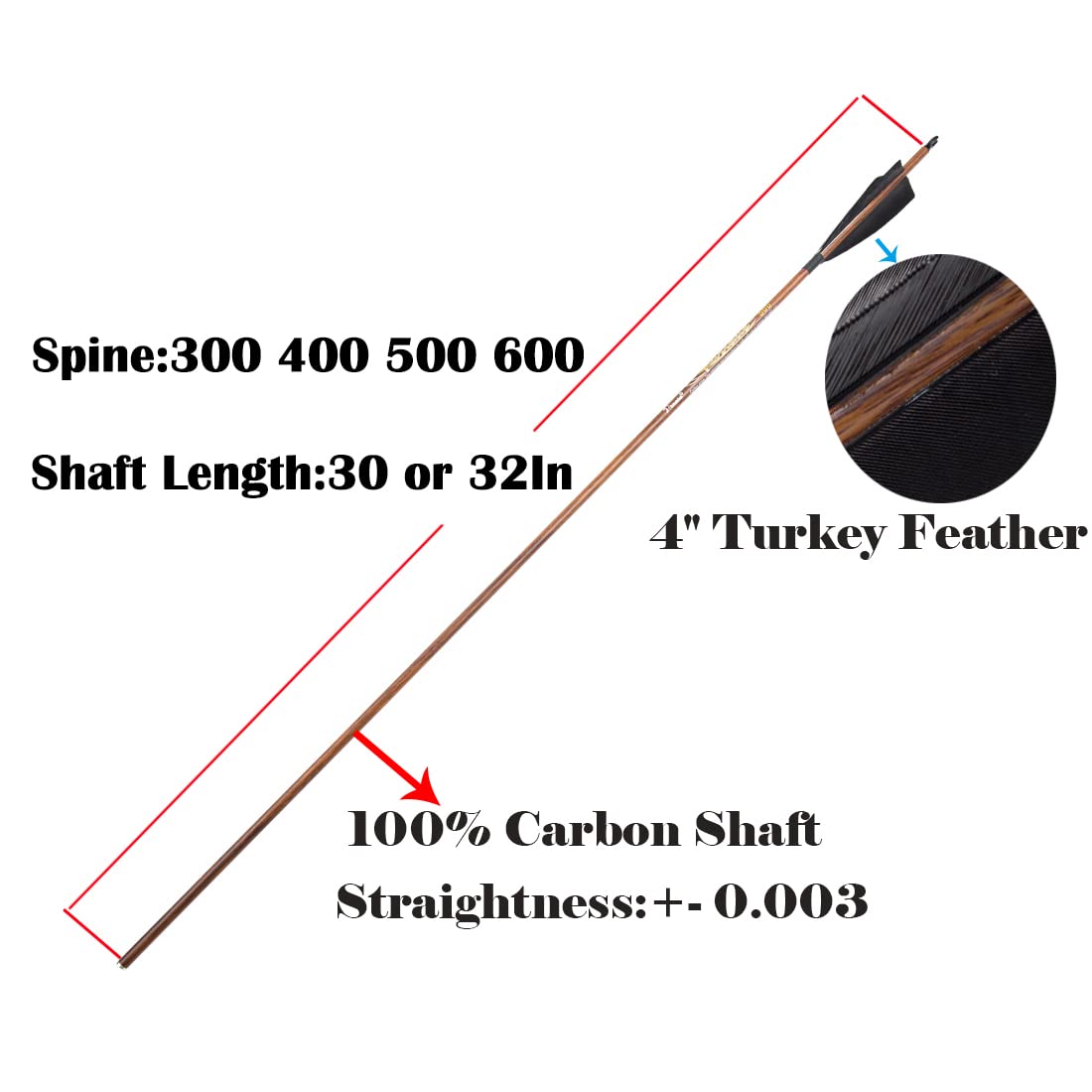 Pinals Archery 32-inch carbon shaft arrow suitable for longbow and recurve shooting.