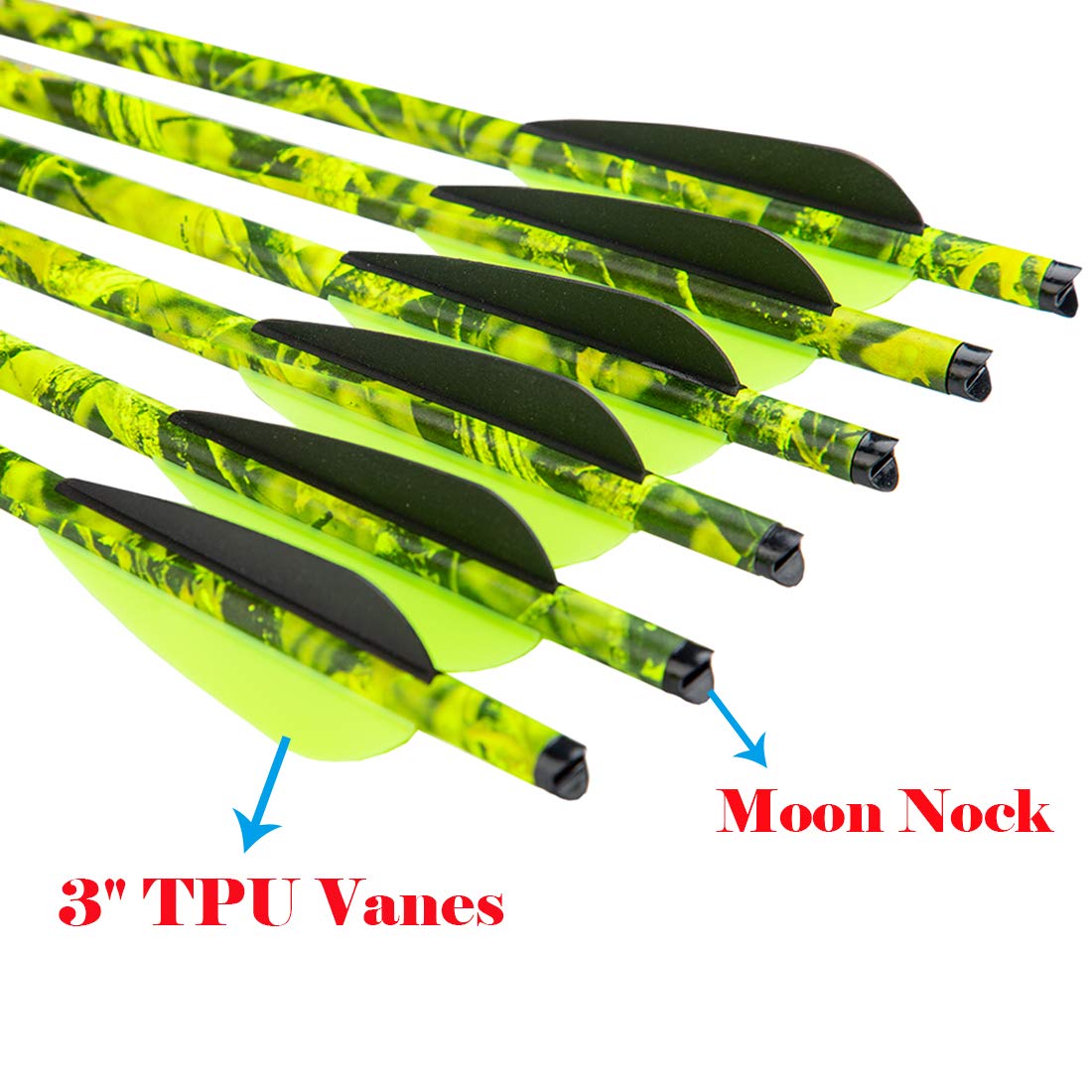 Pinals Archery carbon bolt close-up with 3-inch TPU vanes for stability.