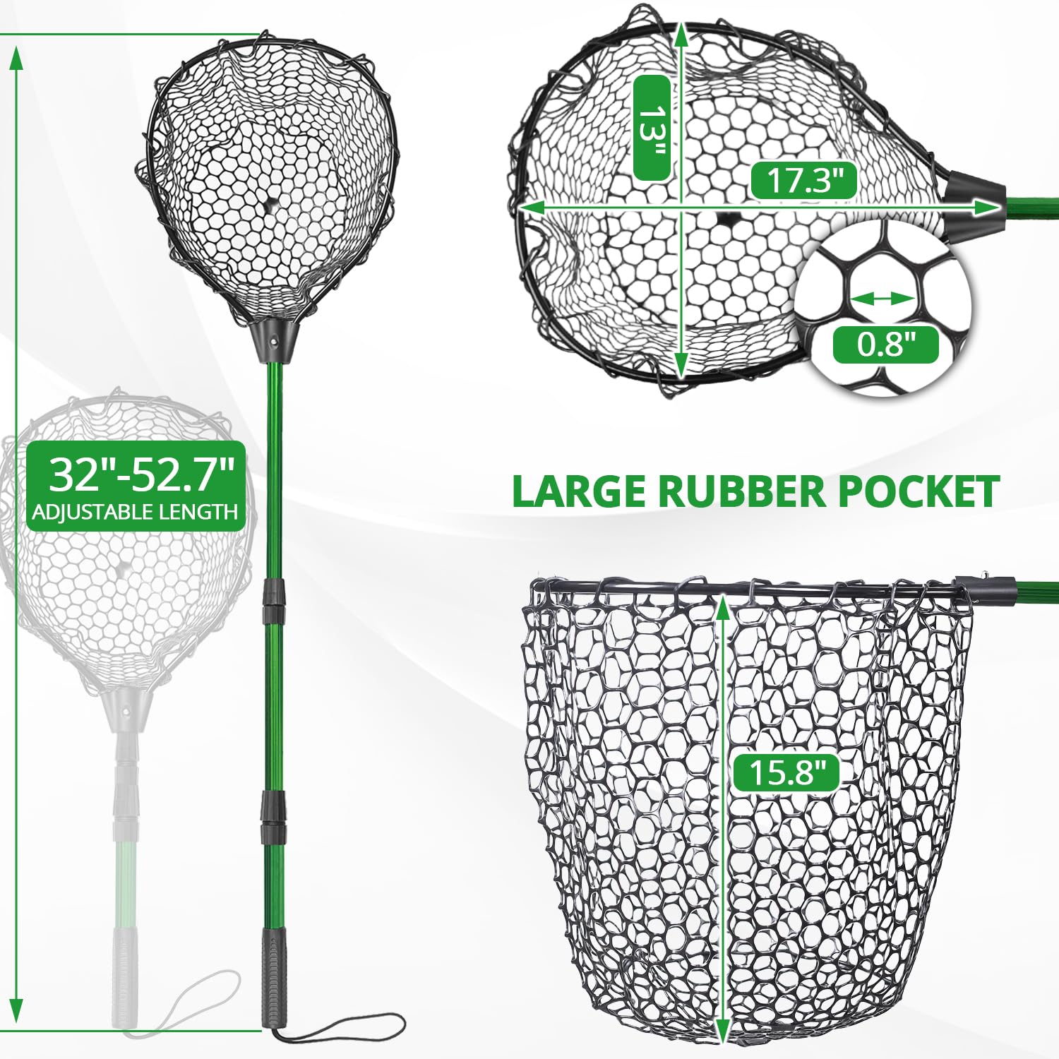 PinbWD rubber net close-up highlighting fish-friendly snag resistance.