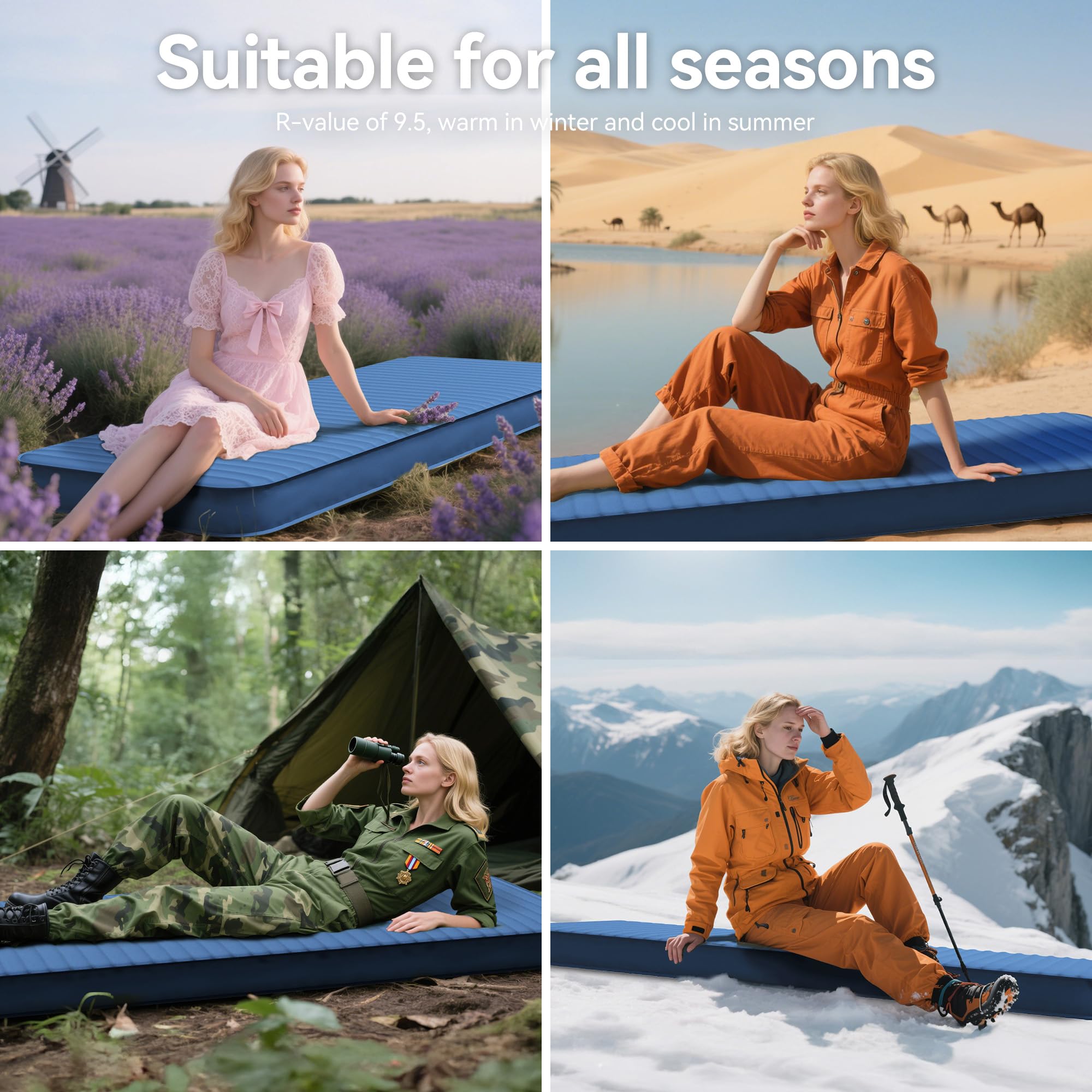 PineHike Sleeping Pad use scenarios show beach, tent, car, and indoor applications