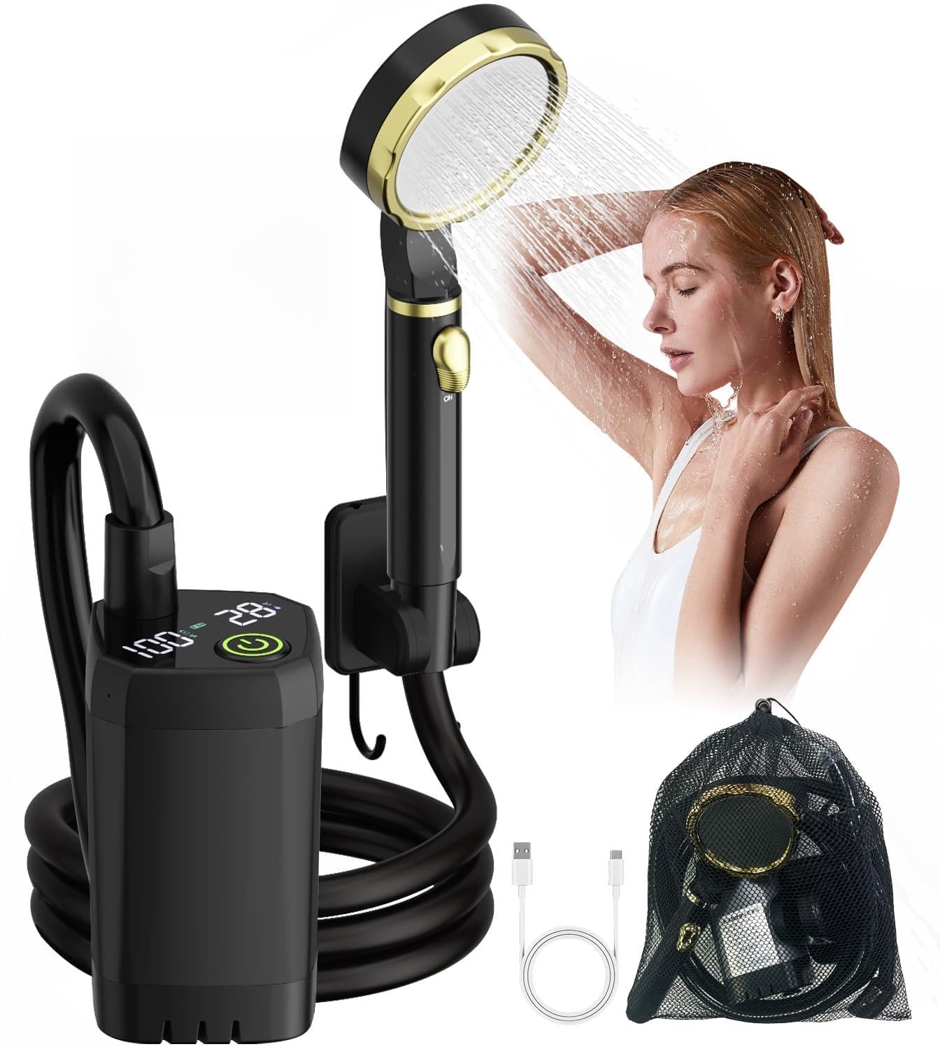 PineVoy portable shower battery display helps monitor power for extended camping use.