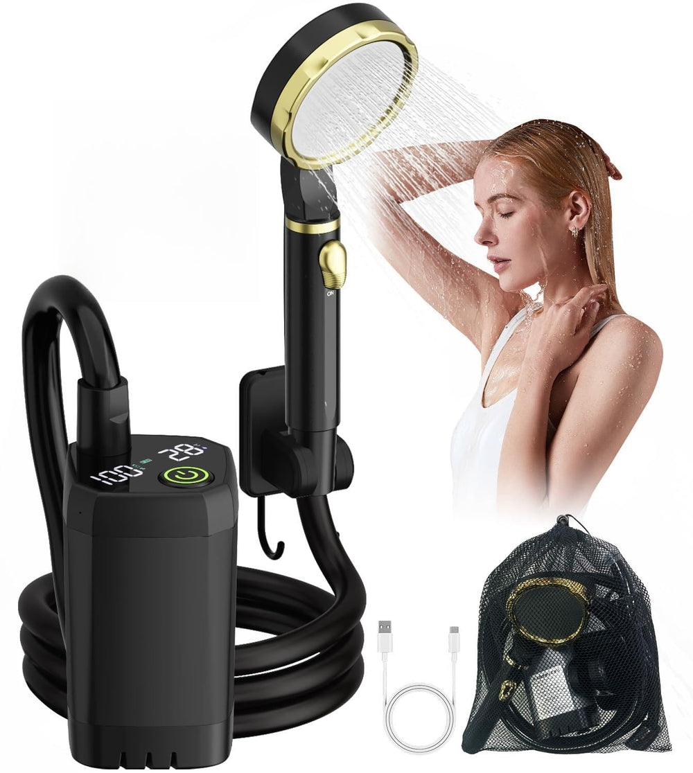 PineVoy portable shower battery display helps monitor power for extended camping use.