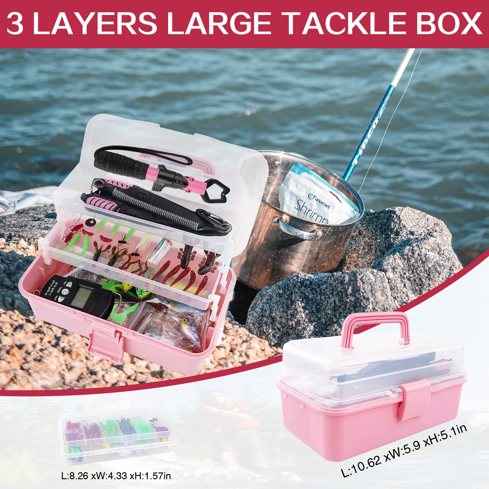 Portable pink fishing gear kit with tools