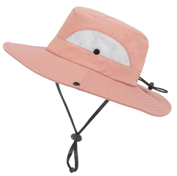 Pink wide-brim kid sun hat with UPF 50+ protection for ages 5-14