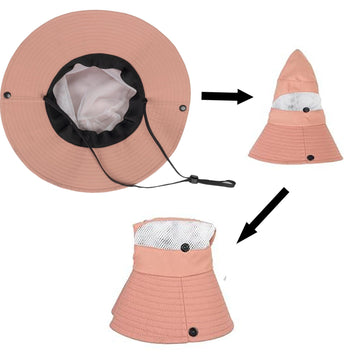 Close-up of pink kids wide-brim sun hat with UV protection